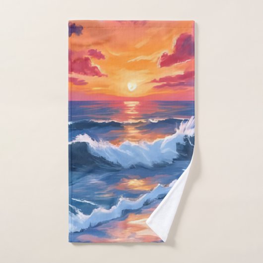 Ocean Sunset Beach Waves Waterverf Handdoek (Handdoek)