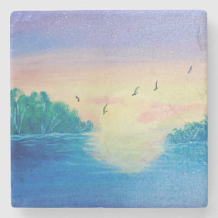 Ocean Sunset Originele olieverfschilderij op een O Stenen Onderzetter