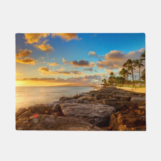 Ocean Sunset Over Rocks en Palm | O'Ahu Deurmat (Voorkant)