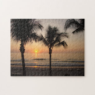 Ocean Sunset Palm Trees Florida Fotografie Puzzel