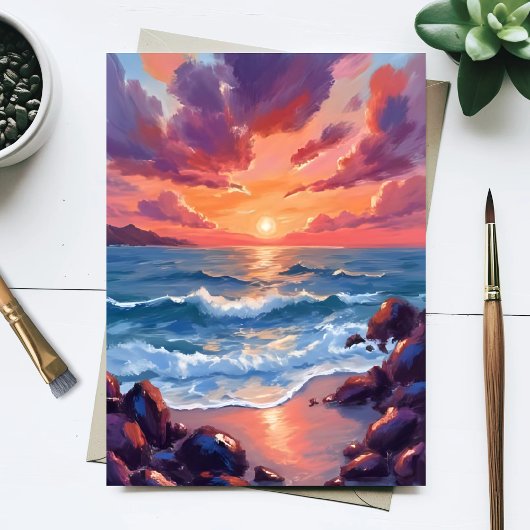 Ocean Sunset Watercolor Beach Coastal Briefkaart