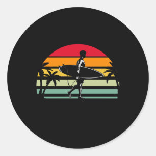 Ocean Surfing Hawaii Retro Surfer Ronde Sticker