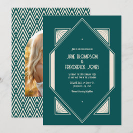 Ocean Teal & Pale Sand Art Deco Wedding Photo Kaart