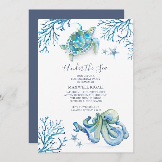Océan Thème 1er anniversaire Invitation (Devant / Derrière)