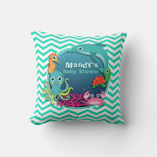 Ocean Theme Baby shower; Aqua Green Chevron Kussen (Voorkant)