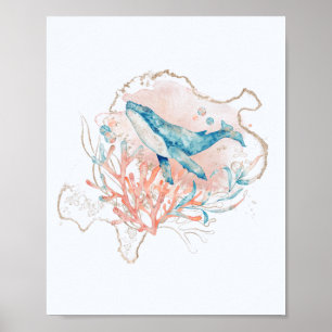 Ocean Theme Roze & Blue Waterverf Whale Zee Poster