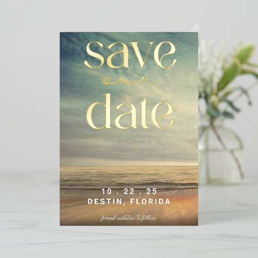 Ocean Tropical Gold Foil Save The Date Folie Uitnodiging (Staand Voorkant)