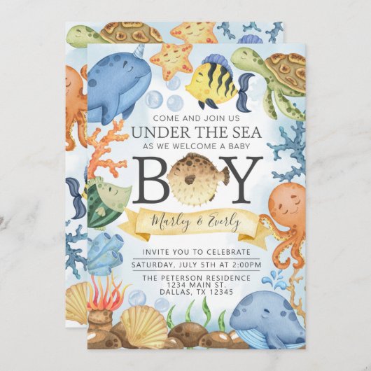 Ocean under the Zee Boy Baby shower Invitation Kaart (Voorkant / Achterkant)