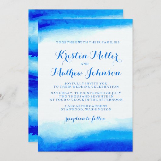 Océan Watercolor Faire-part de mariage bleu (Devant / Derrière)