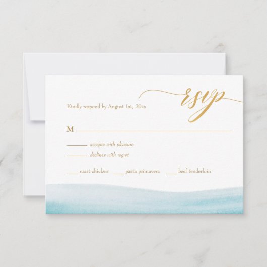 Ocean Watercolor Gold Script Plage Mariage RSVP (Devant)