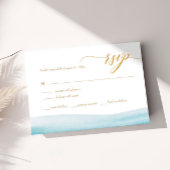 Ocean Watercolor Gold Script Plage Mariage RSVP