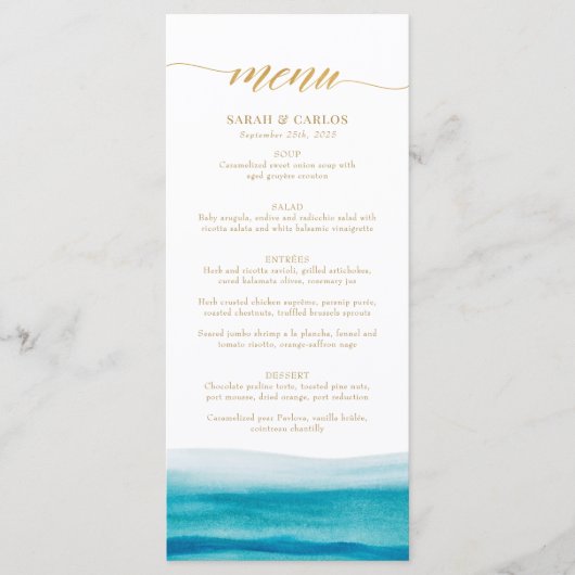 Ocean Waterverf Beach Gold Script Wedding Menu (Voorkant)