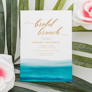 Ocean Waterverf Gold Script Beach Bridal Brunch Kaart