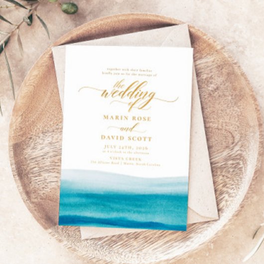 Ocean Waterverf Gold Script Beach Wedding Kaart