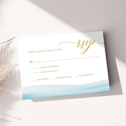 Ocean Waterverf Gold Script Beach Wedding RSVP Kaartje