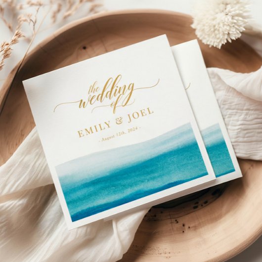 Ocean Waterverf Gold Script Beach Wedding Servet