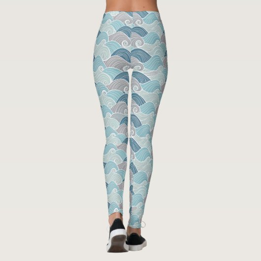 Ocean Wave Blue Grey Leggings (Dos)