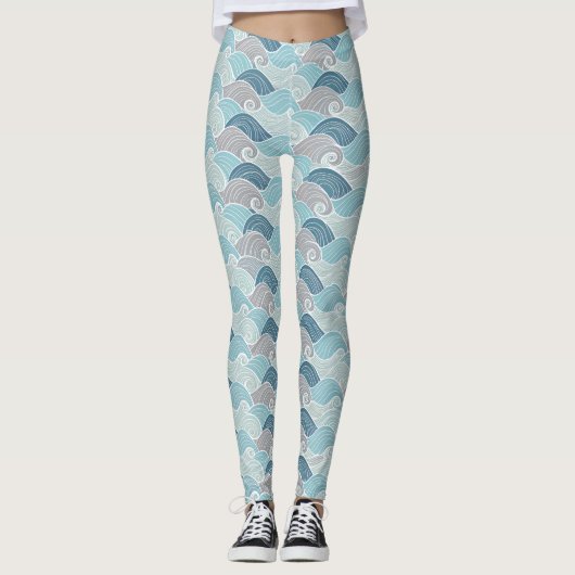 Ocean Wave Blue Grey Leggings (Devant)