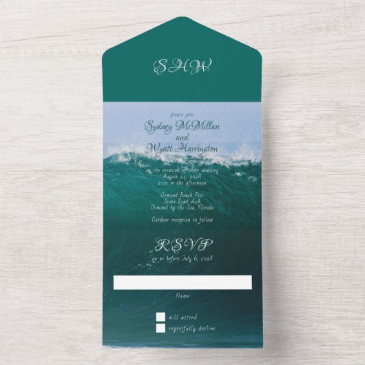 Ocean Wave Deep Zee Green Wedding All In One Uitnodiging (Binnen)
