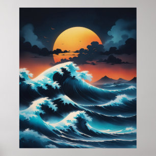 Ocean Wave Sunset Azië Stijl Poster