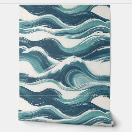 Ocean Waves Artistic Blauwgroen Blauw Wit Verwijde Behang
