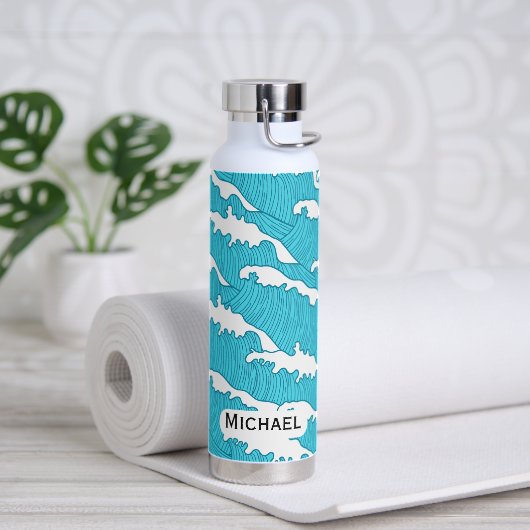 Ocean Waves Blue Pattern Aangepaste naam waterflac Waterfles (Yoga)