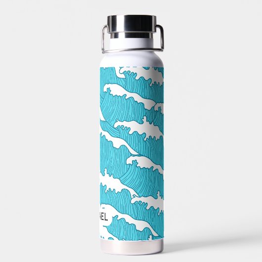 Ocean Waves Blue Pattern Aangepaste naam waterflac Waterfles (Achterkant)