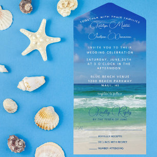 Ocean Waves Foto Chic Tropical Beach Blue Wedding All In One Uitnodiging