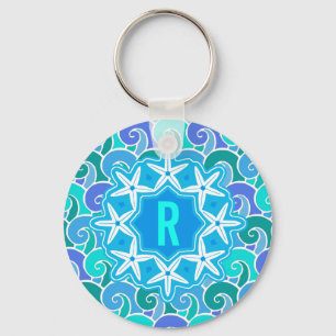 Ocean Waves Nautical Beach Starfish Monogram blauw Sleutelhanger
