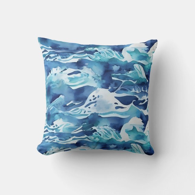 Ocean Waves | Teal Watercolor Aqua Blue Kussen (Voorkant)