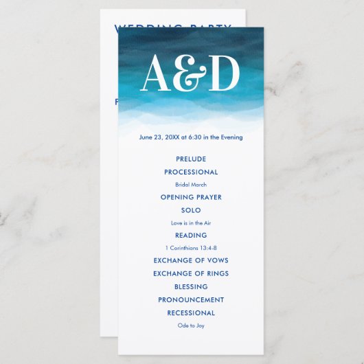 Ocean Waves Waterverf bruiloft programma, blauw Programma (Voorkant / Achterkant)