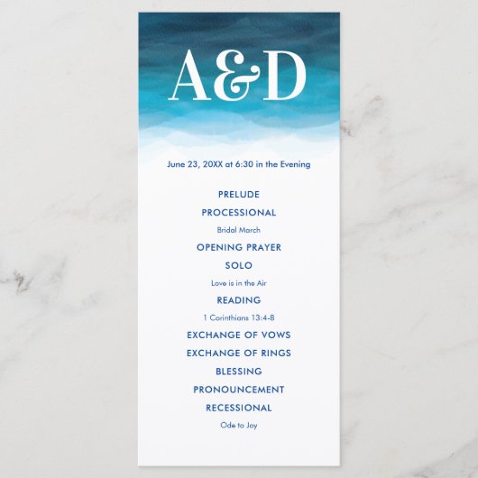 Ocean Waves Waterverf bruiloft programma, blauw Programma (Voorkant)