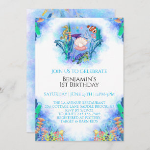 Ocean Zee Animals 1e Birthday Invitation Kaart