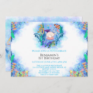 Ocean Zee Animals 1e Birthday Invitation Kaart