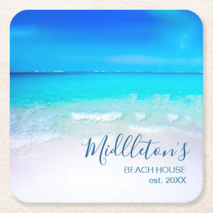 Ocean Zee Beach Blue Aqua Kustfamilie Vierkante Kartonnen Onderzetter