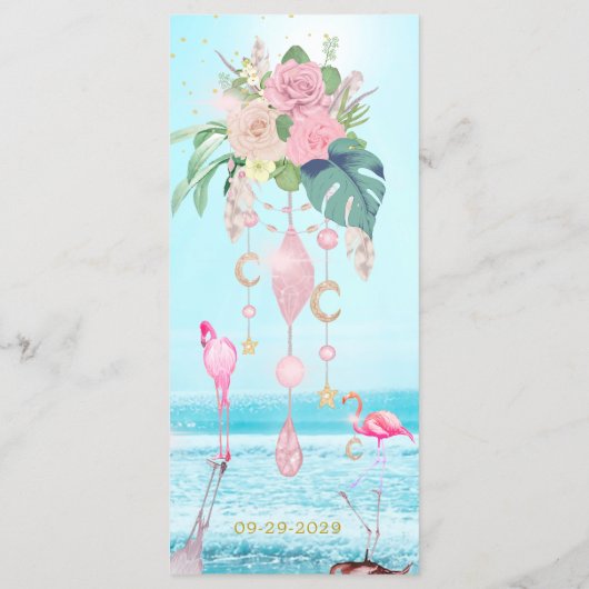 Ocean Zee Flamingo Bloemen Juwelen Roze Bruiloft M Menu (Achterkant)
