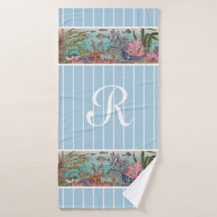 Ocean Zee Life Fish Blue Monogram Beach House Badhanddoek