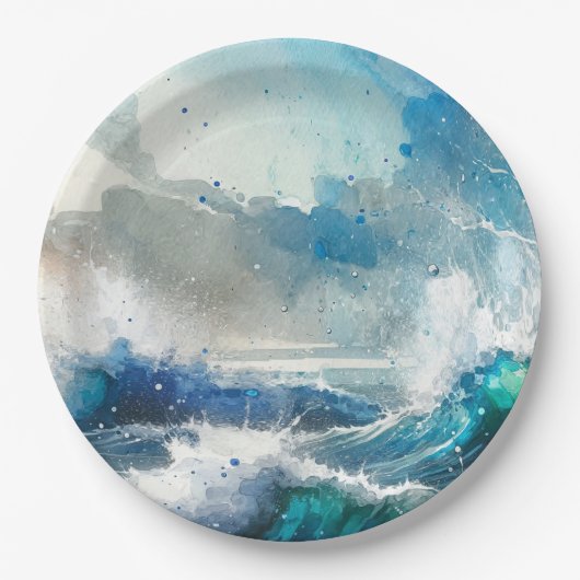 Ocean Zee Splash Waterverf Waves Verjaardagsfeest Papieren Bordje (Voorkant)