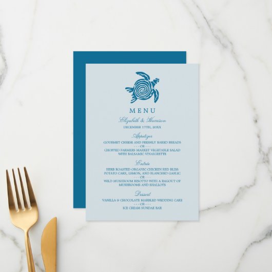 Ocean Zee Turtle, Zee Blue Beach Wedding Menu (Voorkant / Achterkant in situ)