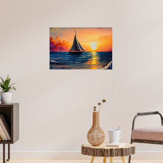 Ocean zonsondergang met zeilboot poster