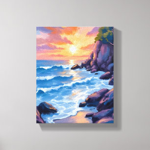 Oceanbaai Zonsondergang Waterverf Strand Oever Canvas Afdruk