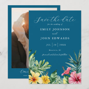 Oceanblauw Elegante Tropische Bloemen Foto Bruilof Save The Date
