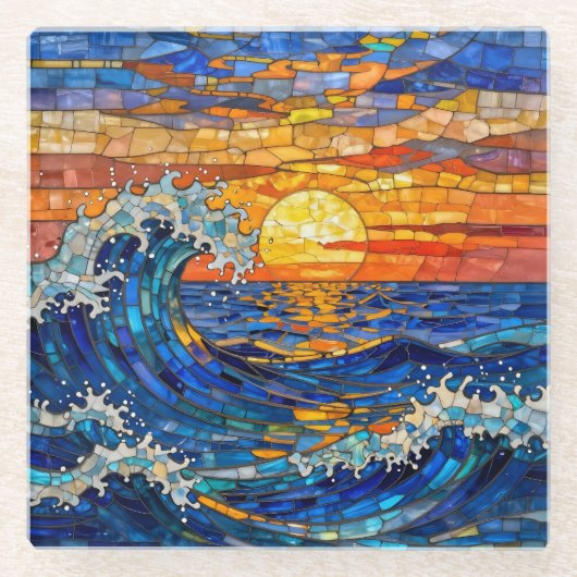 Oceanic Coastal Ocean Waves Sunset   Glazen Onderzetter (Voorkant)