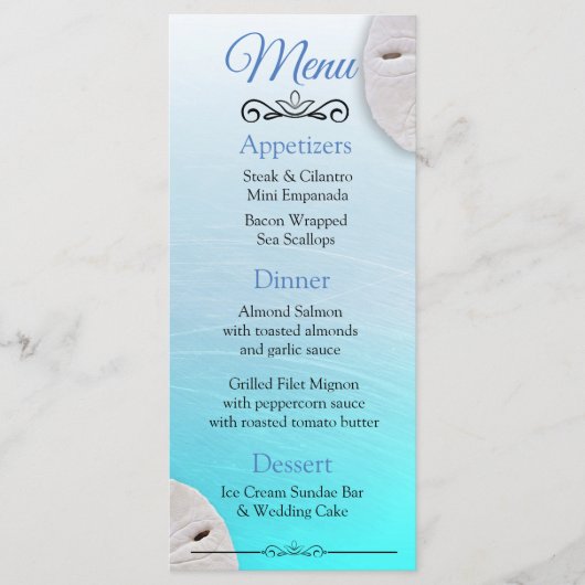 Oceanic Sand Dollar Aqua Blue Wedding Menu Card (Voorkant)