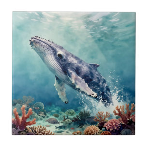Oceanisch Blauw Walvis Aquarel Kustkunst Tegeltje