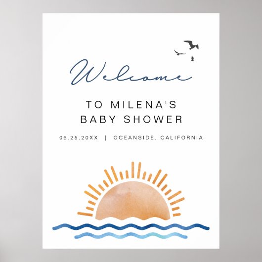 OCEANSIDE Beach Ocean Sunset Baby shower Welcome Poster (Voorkant)