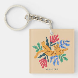 Ocelot Kitty Cat & Matisse bladeren Sleutelhanger
