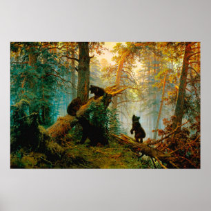 Ochtend in een dennenbos Beer met welpen Shishkin Poster