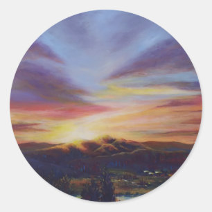 Ochtend licht, zonsopgang over de heuvels ronde sticker