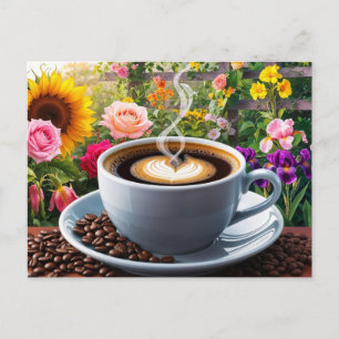 Ochtendbeker koffie en prachtige bloementuin  briefkaart